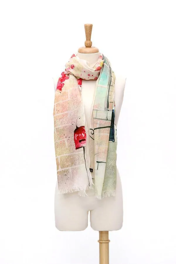 100% Wool Scarf Digitally Painted White Theme Floral Print WO3008