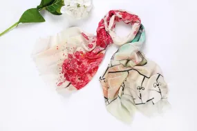 100% Wool Scarf Digitally Painted White Theme Floral Print WO3008