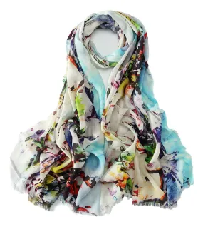 100% Wool Scarf White Theme Floral Print WO3013