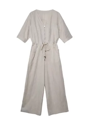 6240025 Linen V-Neck Zipper Jumpsuits *Backorder