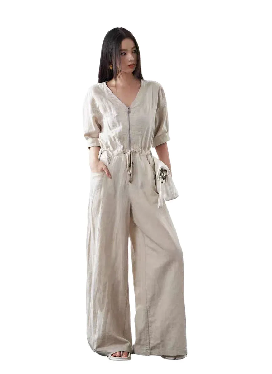 6240025 Linen V-Neck Zipper Jumpsuits *Backorder