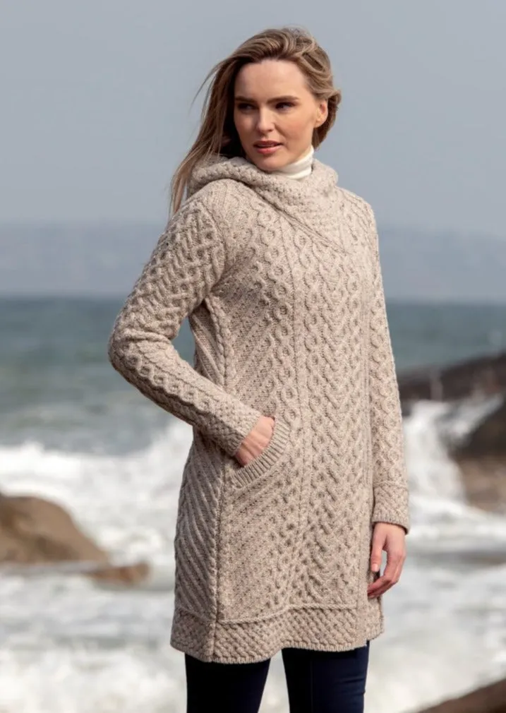 Aran Crafts Heart Design Hooded Coat | Oatmeal