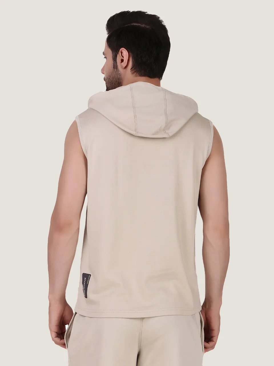 Beige Printed Sleeveless Hoodie