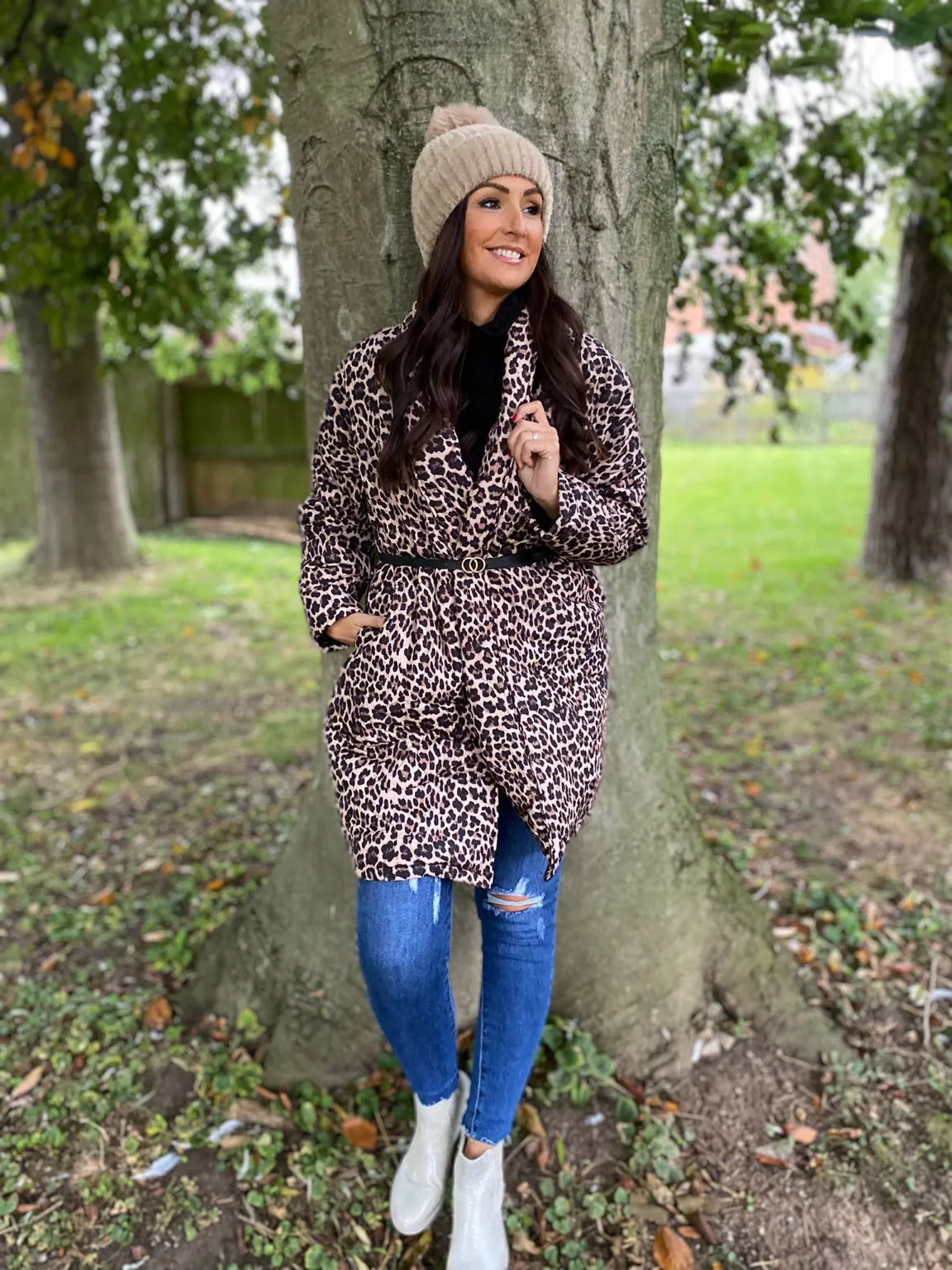 Belted Quilted Leopard Coat Mia