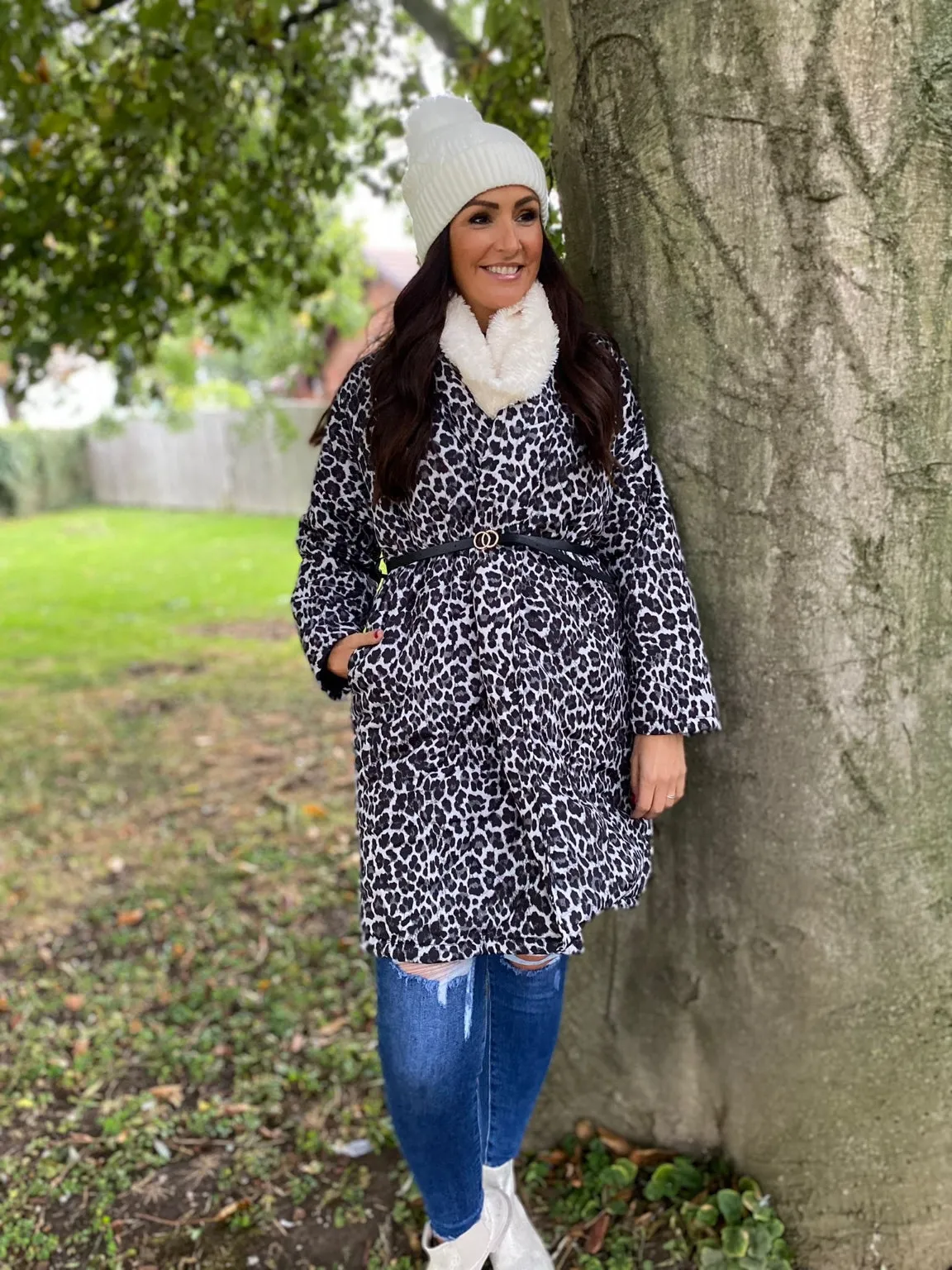 Belted Quilted Leopard Coat Mia