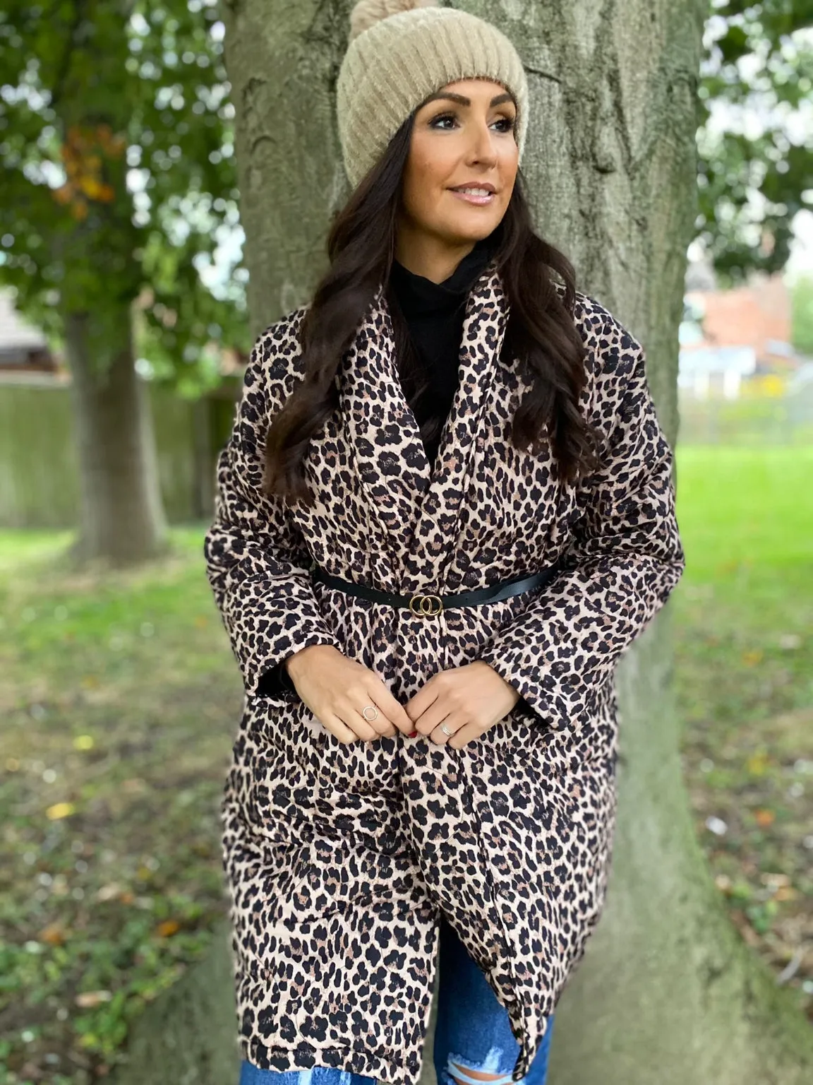 Belted Quilted Leopard Coat Mia