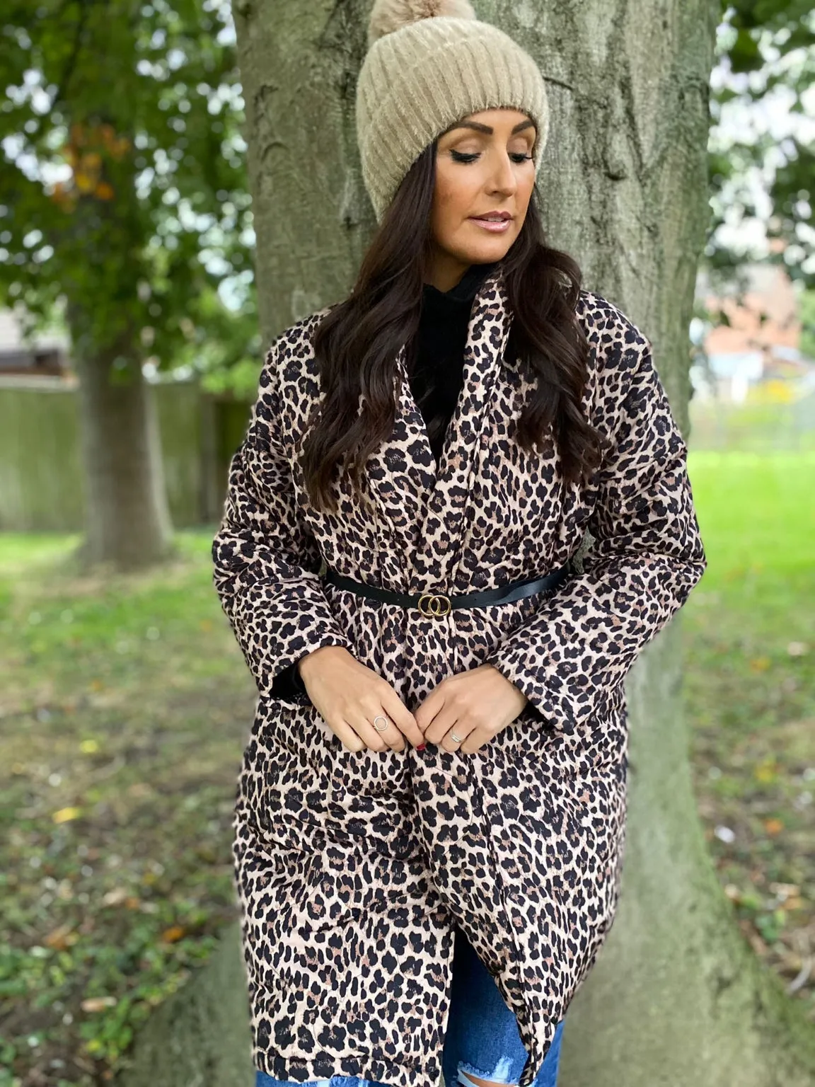 Belted Quilted Leopard Coat Mia