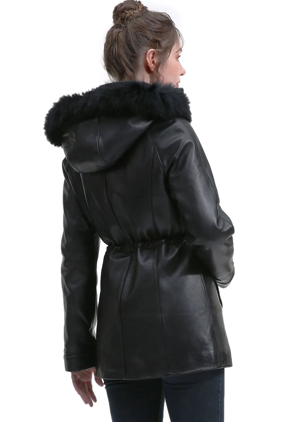 BGSD Women Uzima Lambskin Leather Hooded Parka Coat