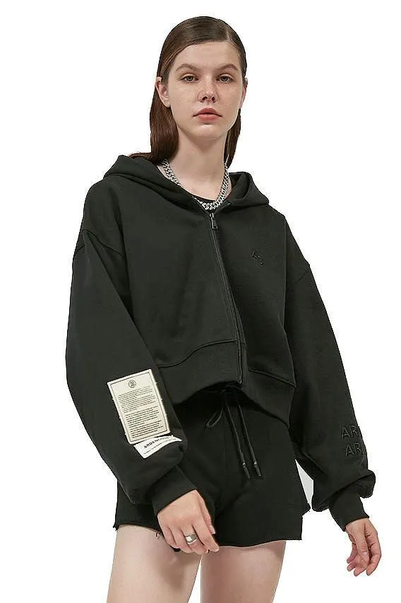 Black Embroidery Zipper Short Hoodie