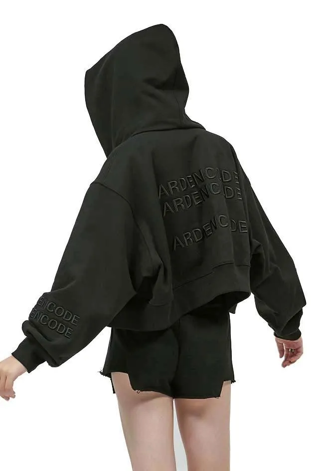 Black Embroidery Zipper Short Hoodie