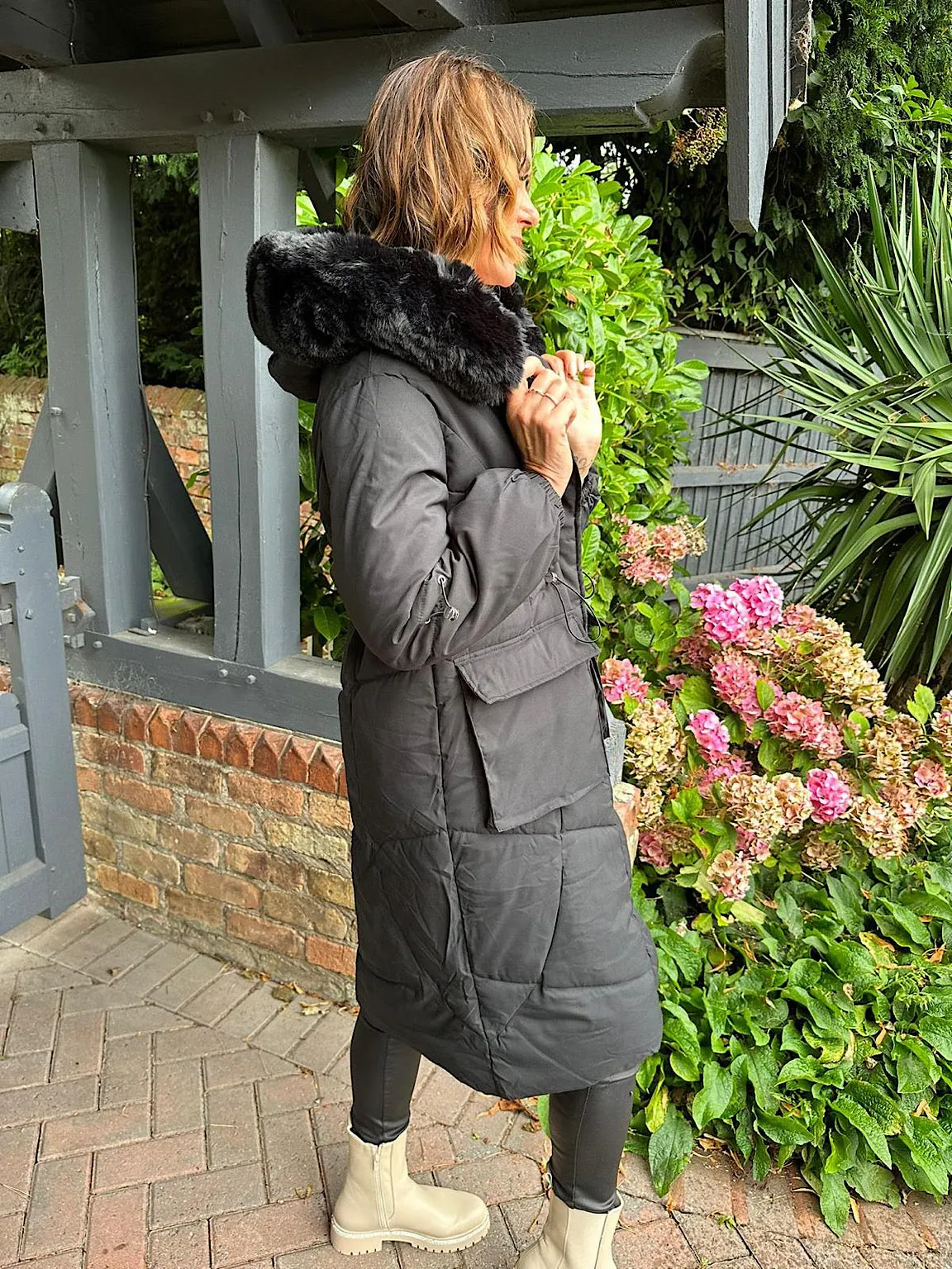 Black Faux Fur Hooded Coat Amy