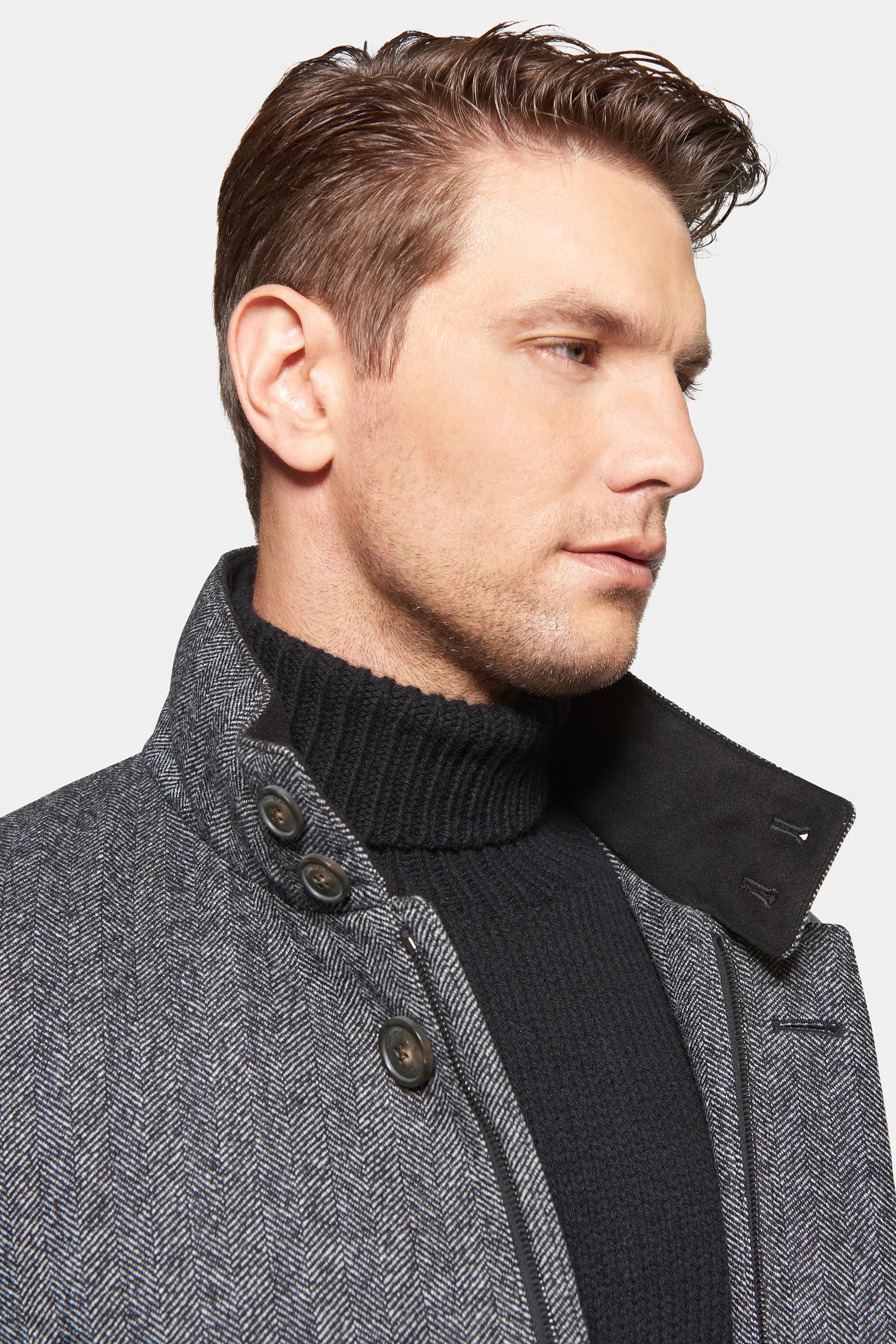 Cashmere Wool Car Coat, Grey Black Herringbone