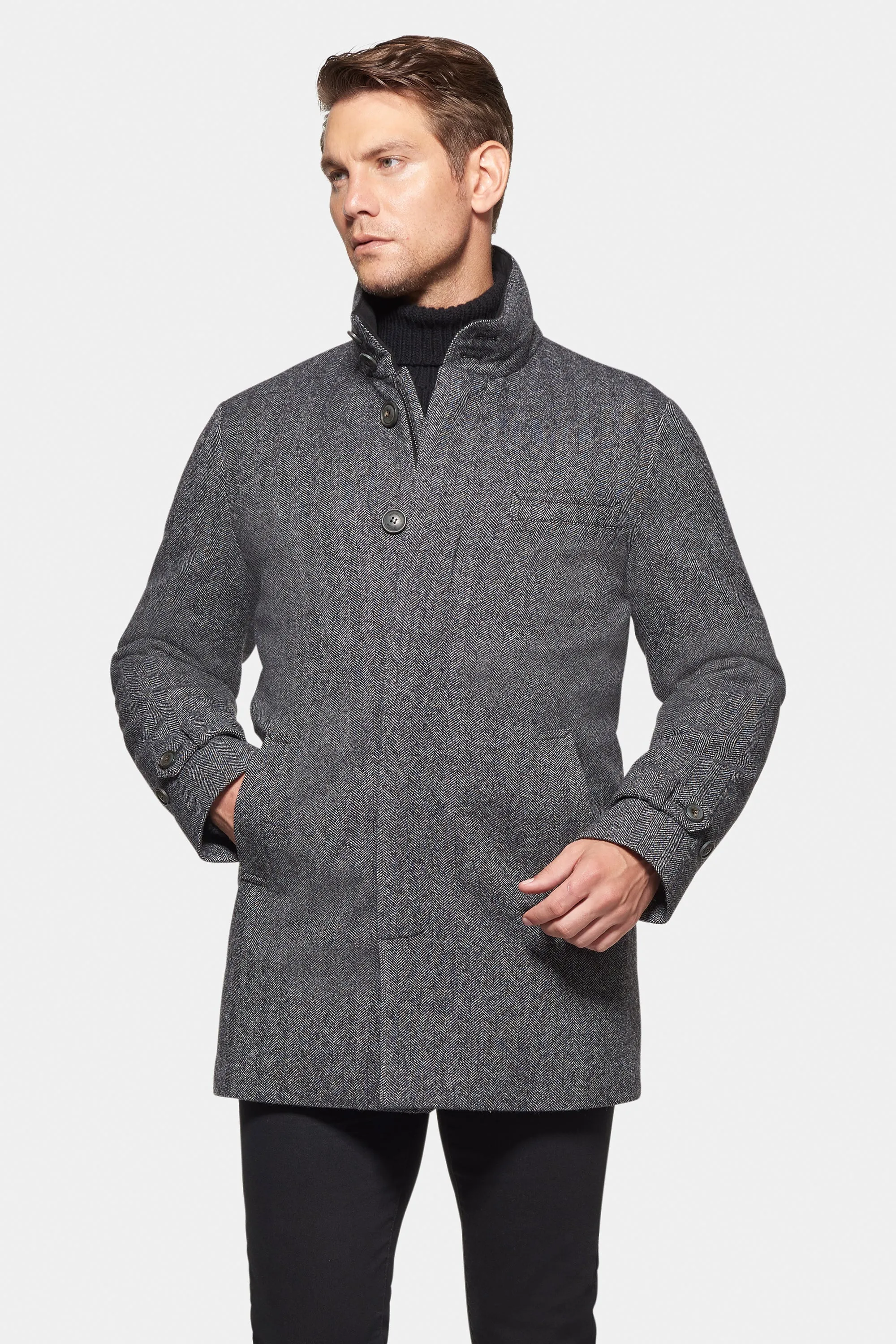 Cashmere Wool Car Coat, Grey Black Herringbone