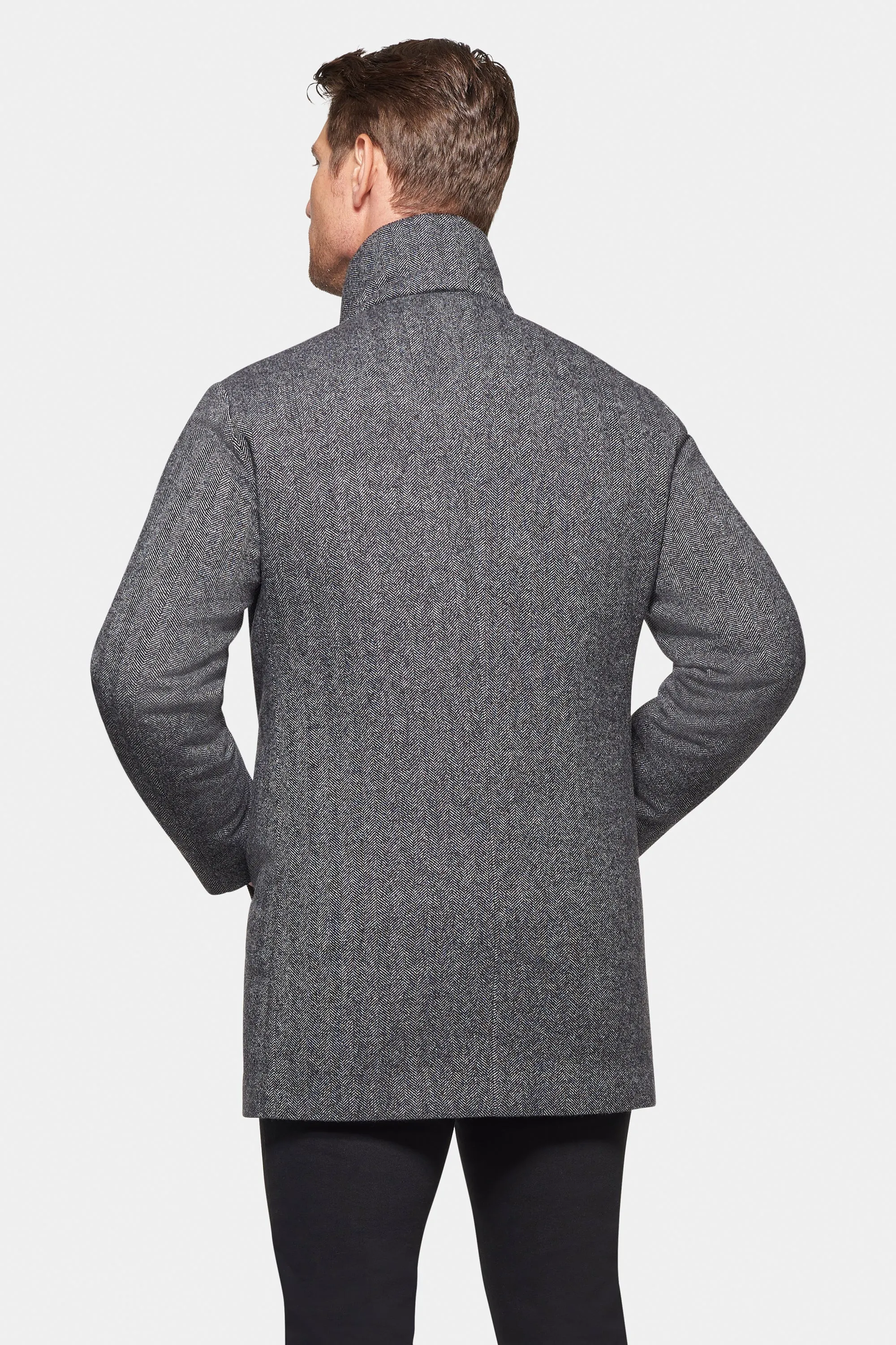 Cashmere Wool Car Coat, Grey Black Herringbone