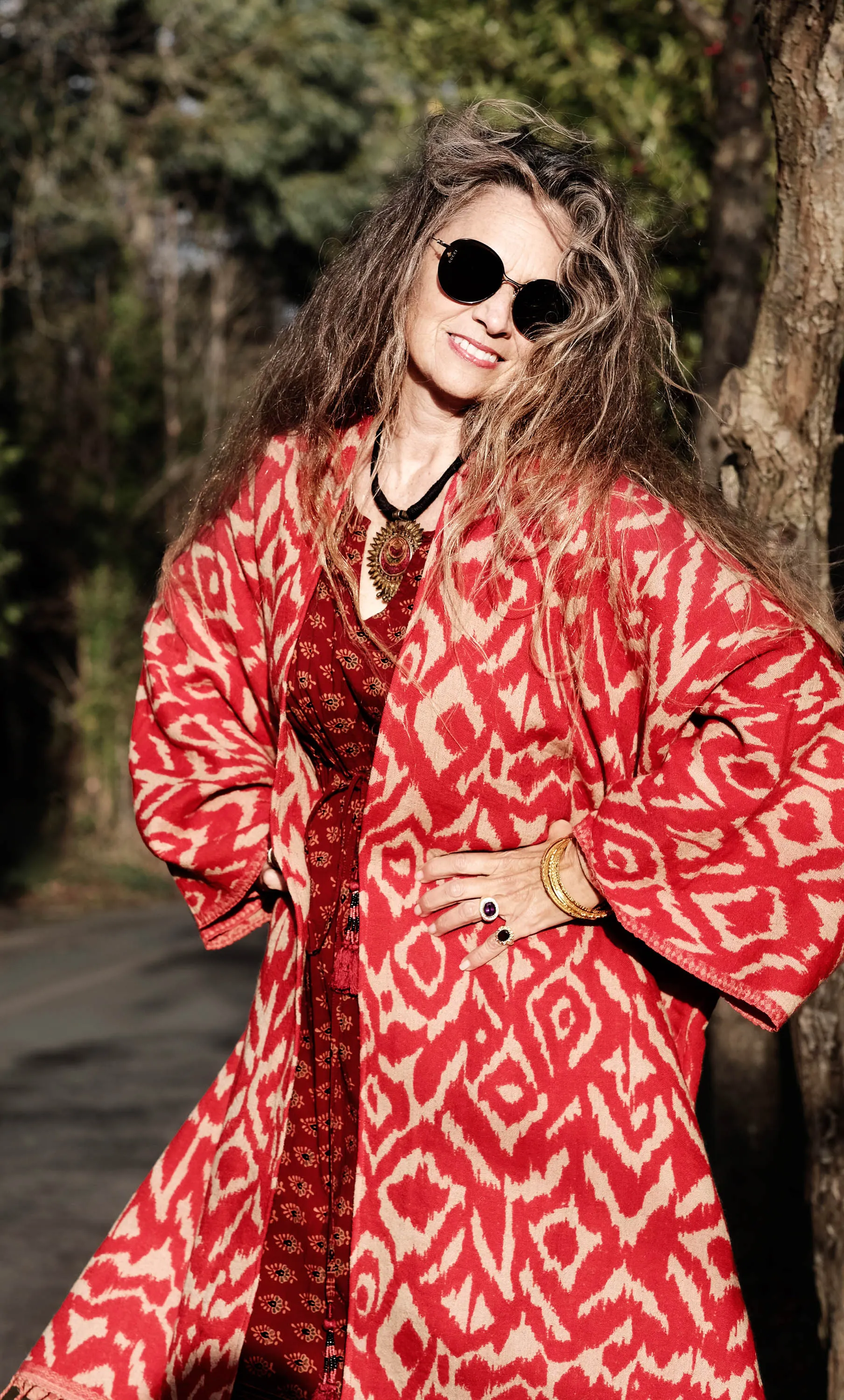 Cheryl Ikat Geranium Boiled Wool Kimono Coat Reversible