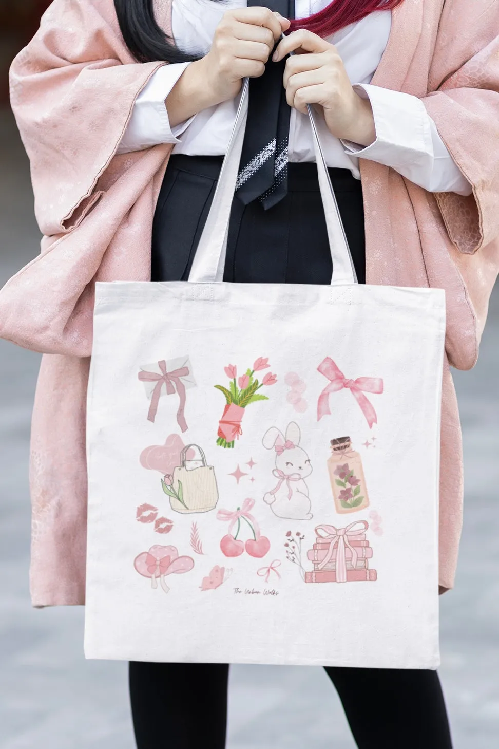 Coquette Themed White Tote Bag with Zipper