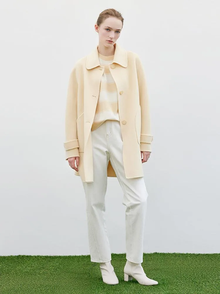 Cream Yellow Mid-length Woolen Coat