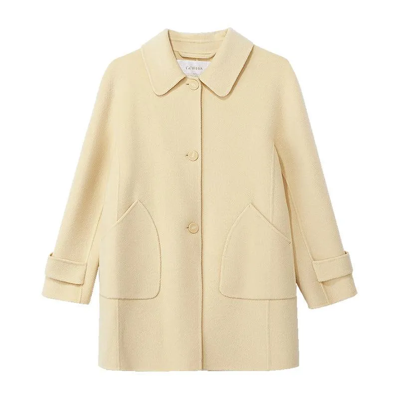 Cream Yellow Mid-length Woolen Coat