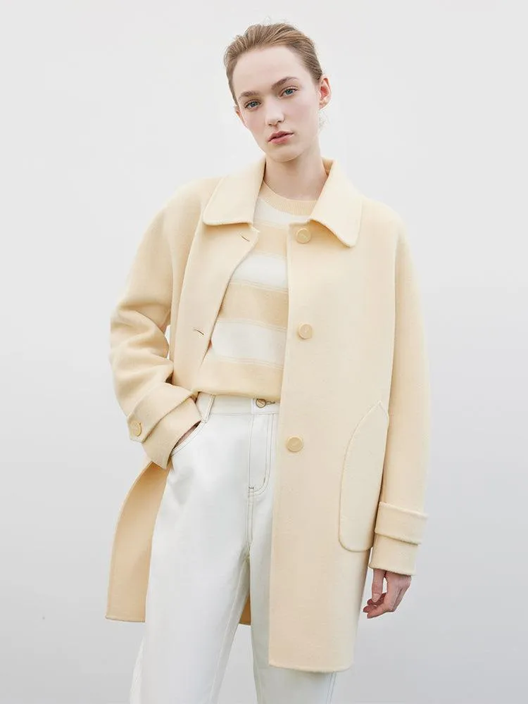 Cream Yellow Mid-length Woolen Coat