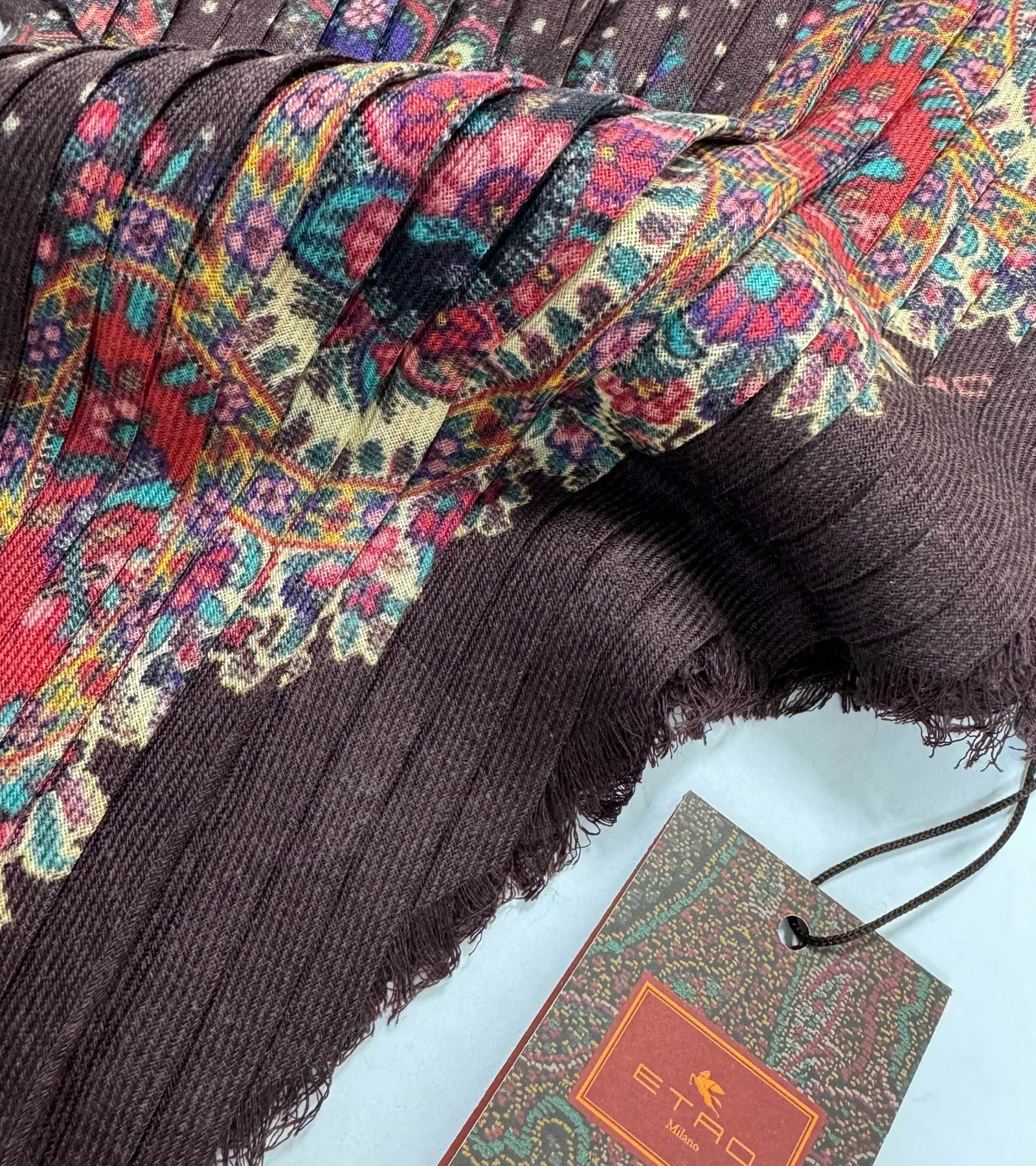 Etro Scarf Brown Pleated Wool Shawl