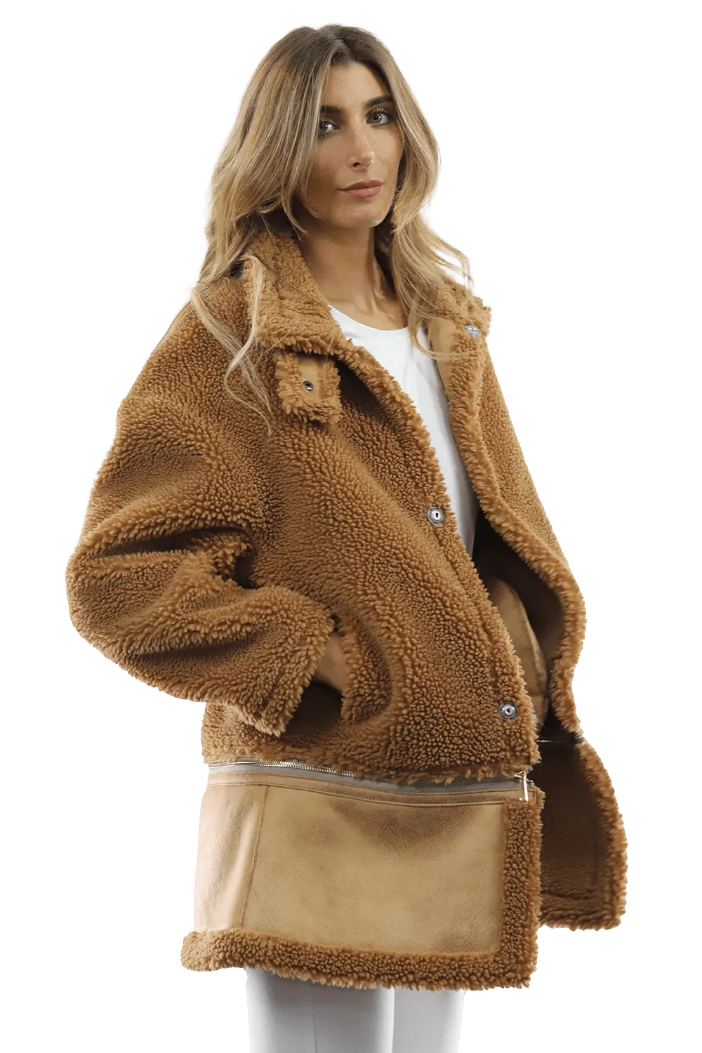 Faux Fur Coat with Zipper detail - Brown