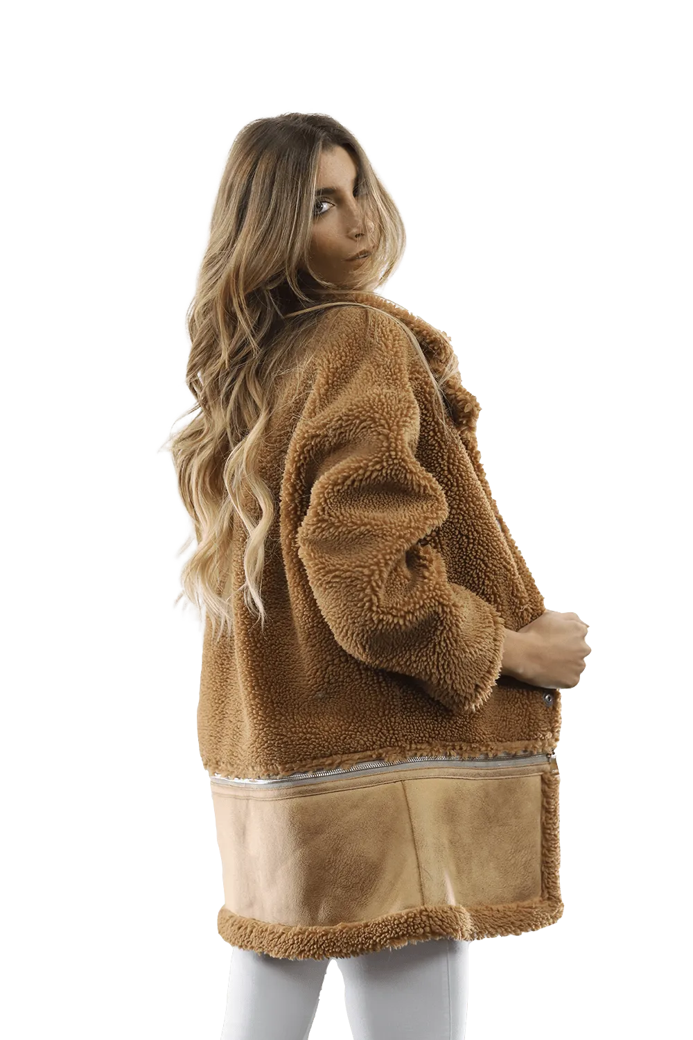 Faux Fur Coat with Zipper detail - Brown