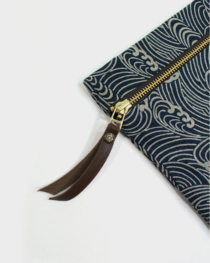 Flat Medium Zipper Pouch, Indigo Nami