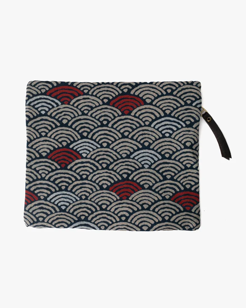 Flat Medium Zipper Pouch, Indigo Seigaiha with Red