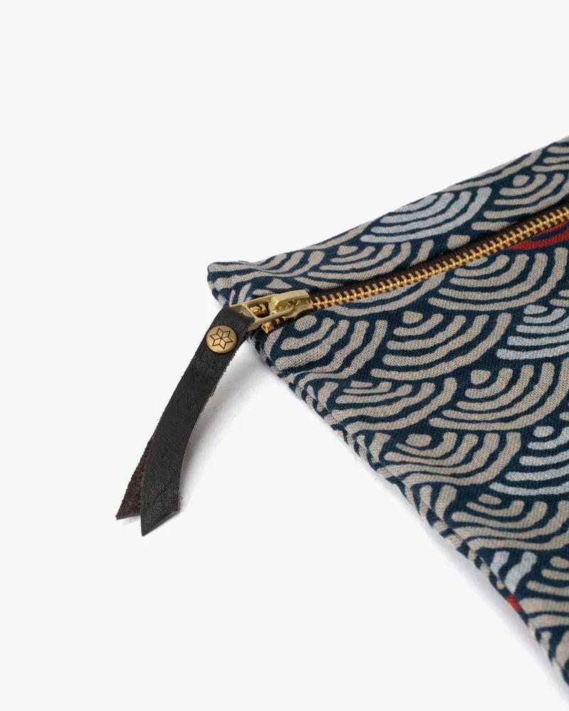 Flat Medium Zipper Pouch, Indigo Seigaiha with Red