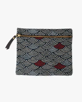 Flat Medium Zipper Pouch, Indigo Seigaiha with Red