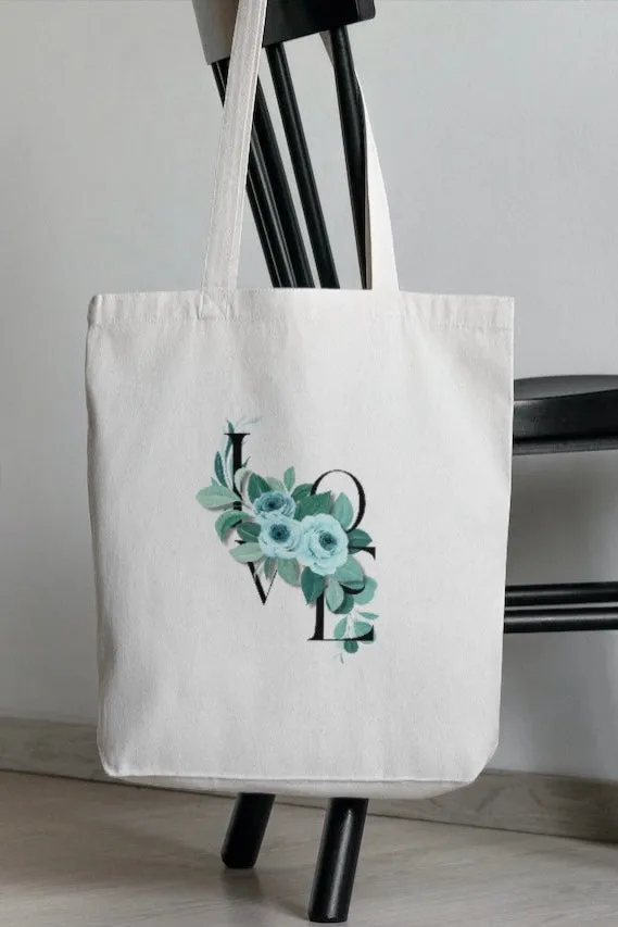 Floral LOVE White Tote Bag with Zipper