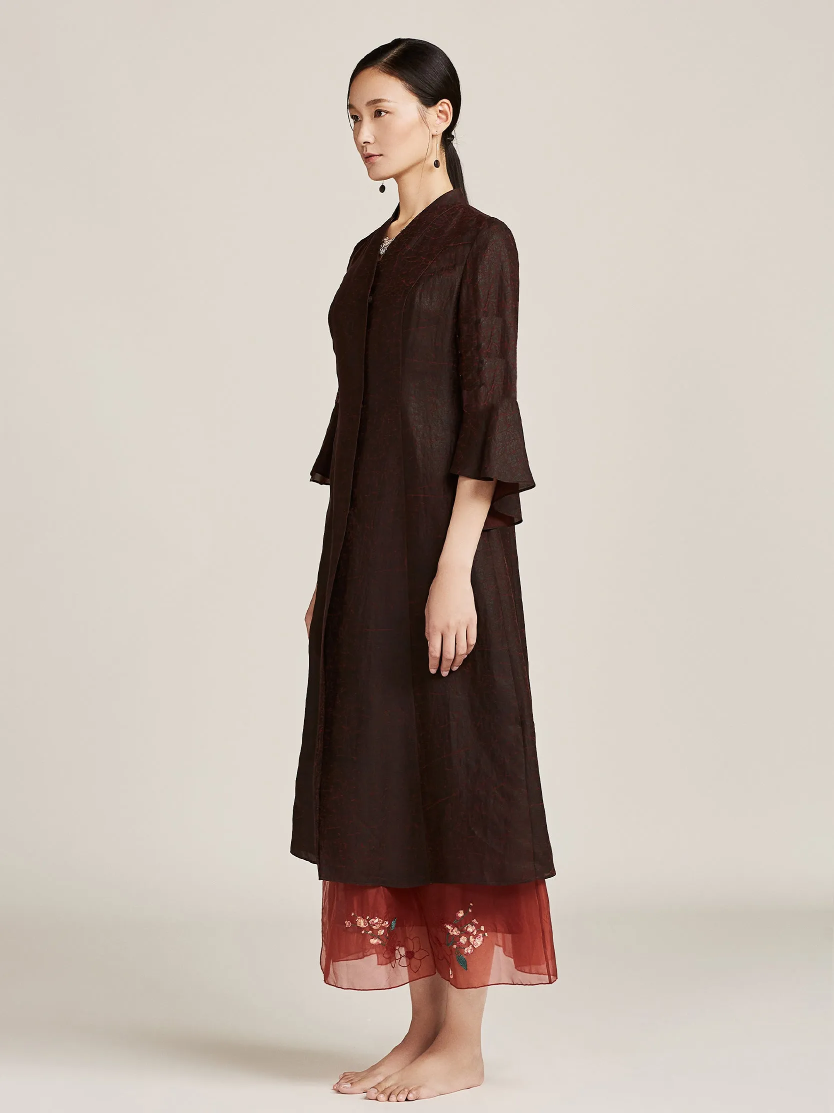 Gambiered Guangdong Silk Three-quarter Coat