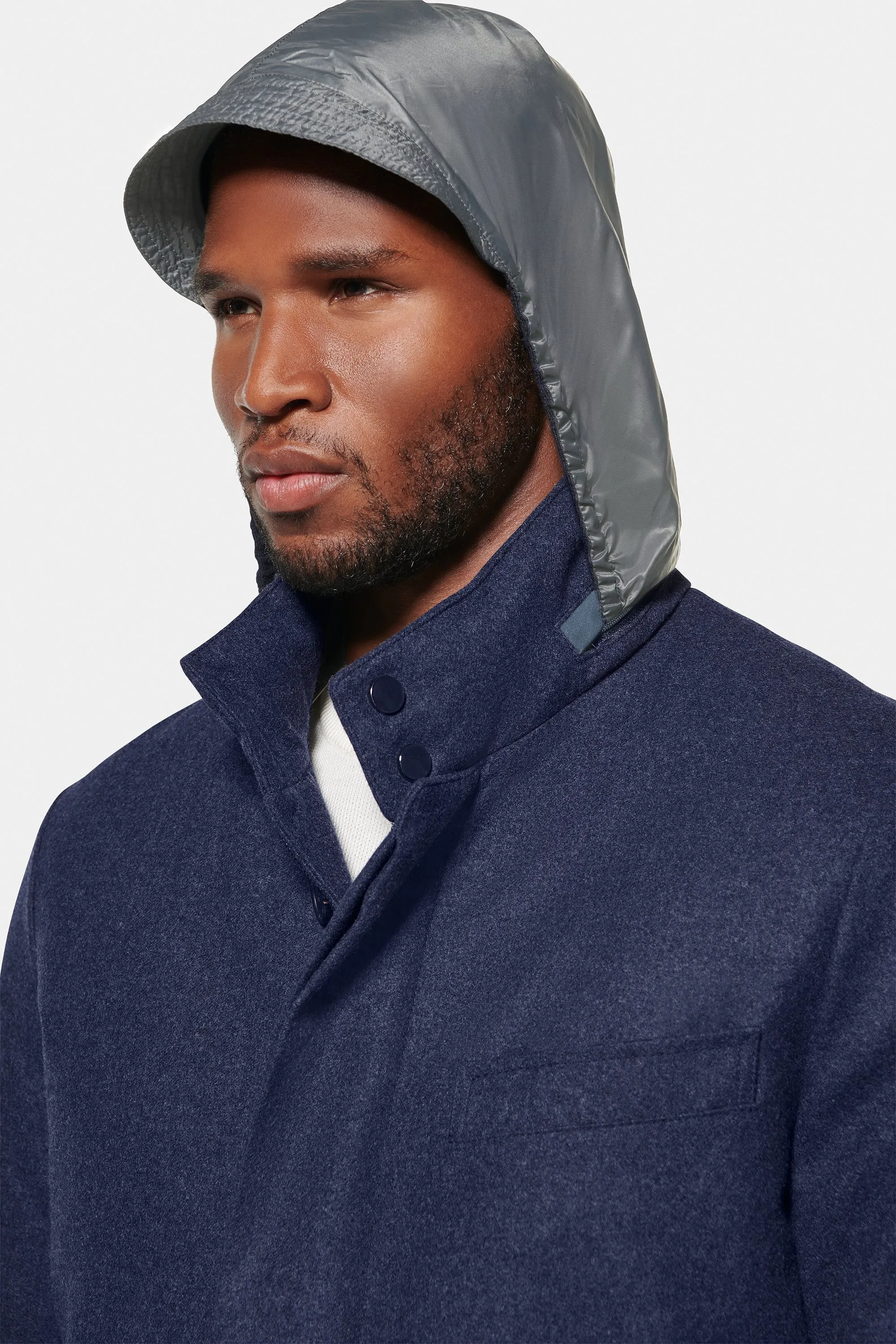 Hooded Cashmere Car Coat, Blue Melange