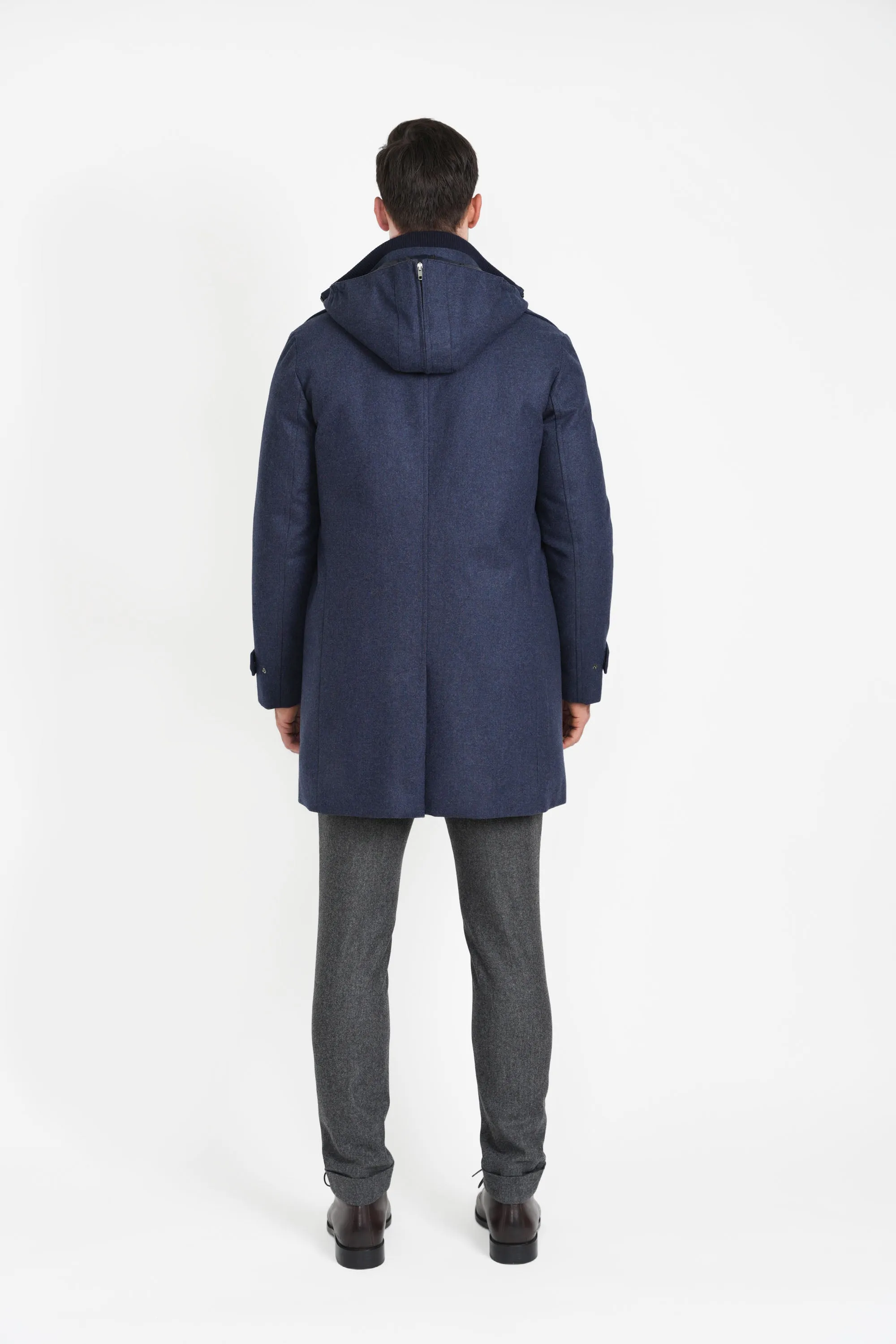 Hooded Stretch Wool Euro Coat, French Blue