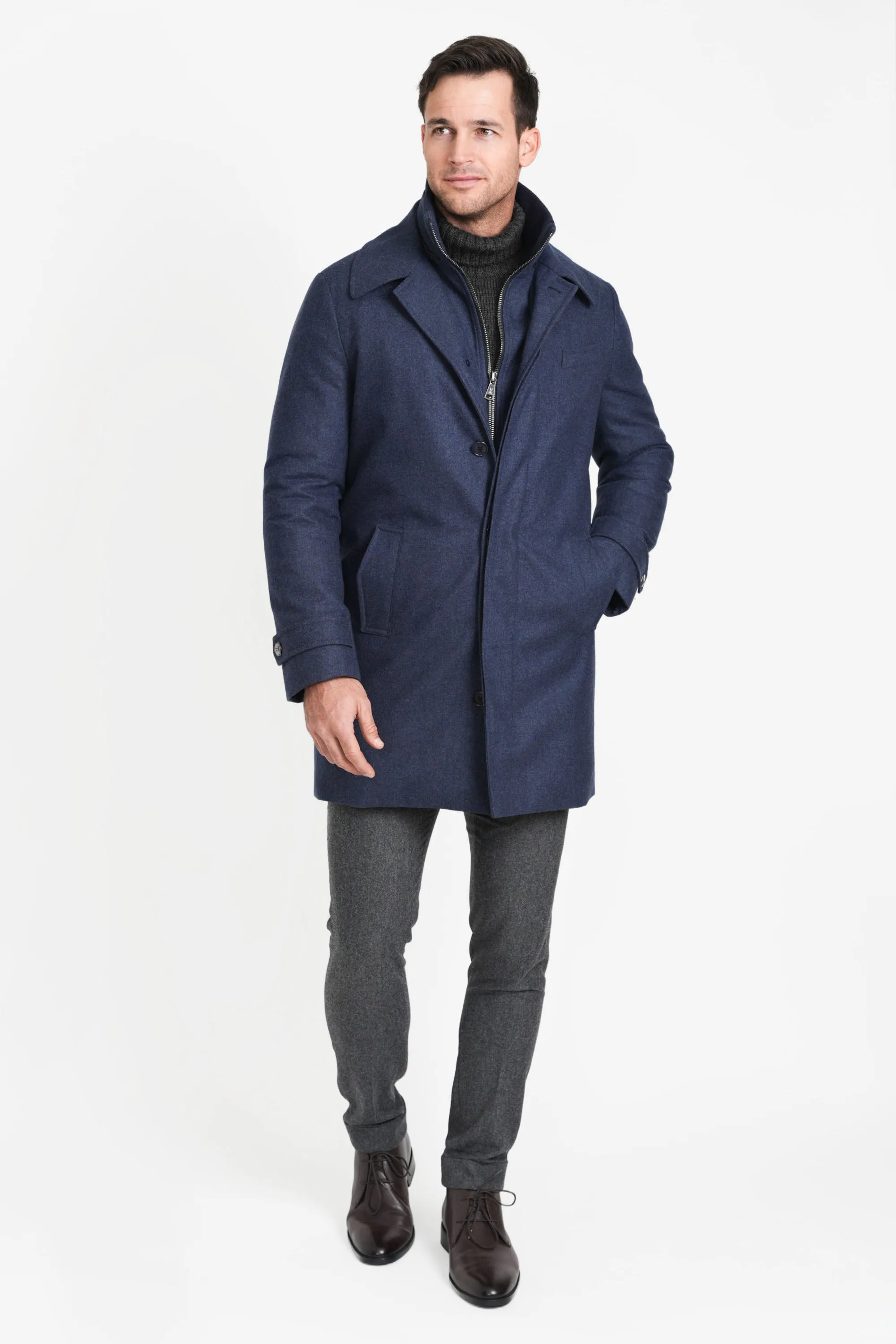 Hooded Stretch Wool Euro Coat, French Blue