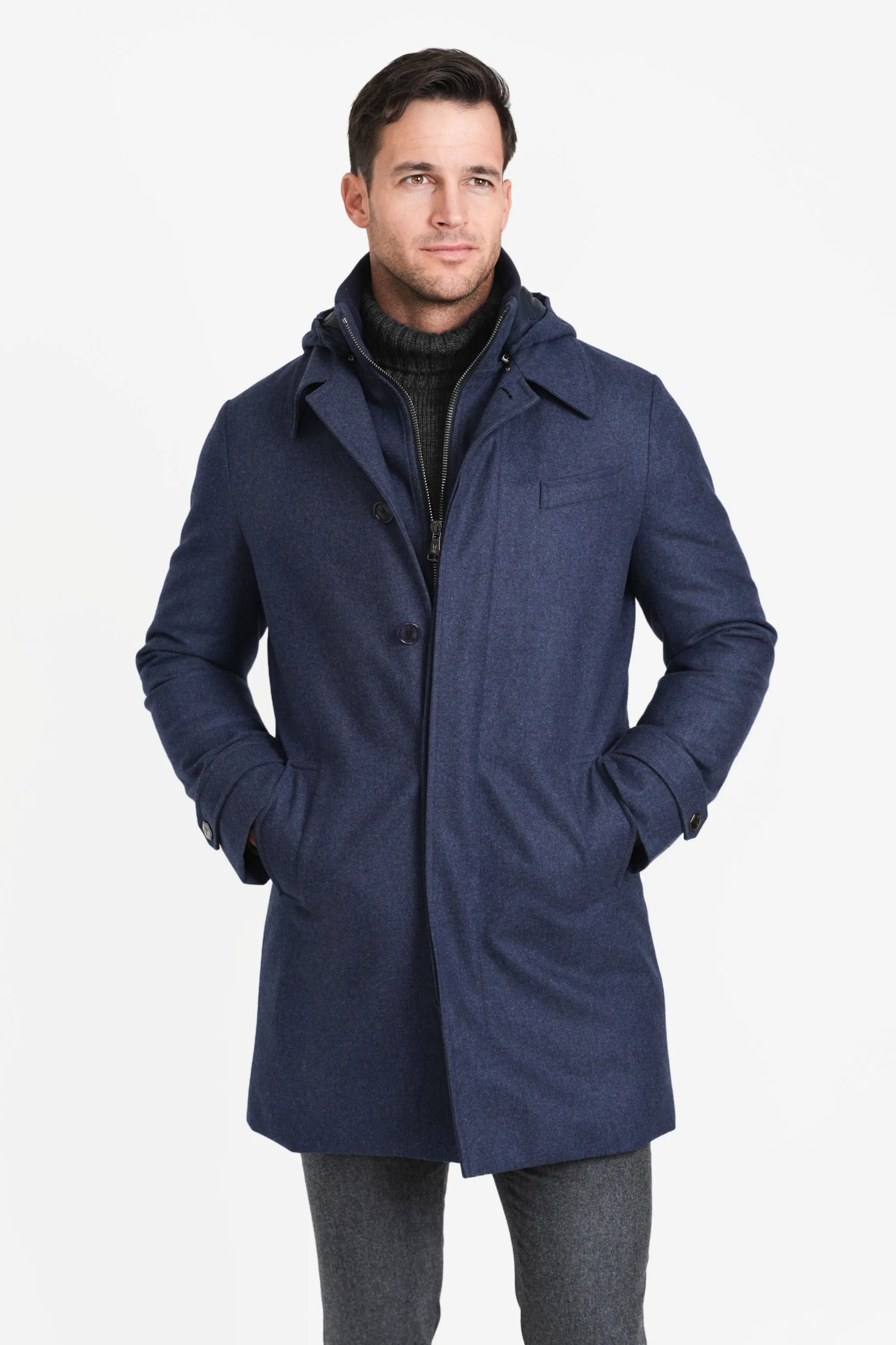 Hooded Stretch Wool Euro Coat, French Blue