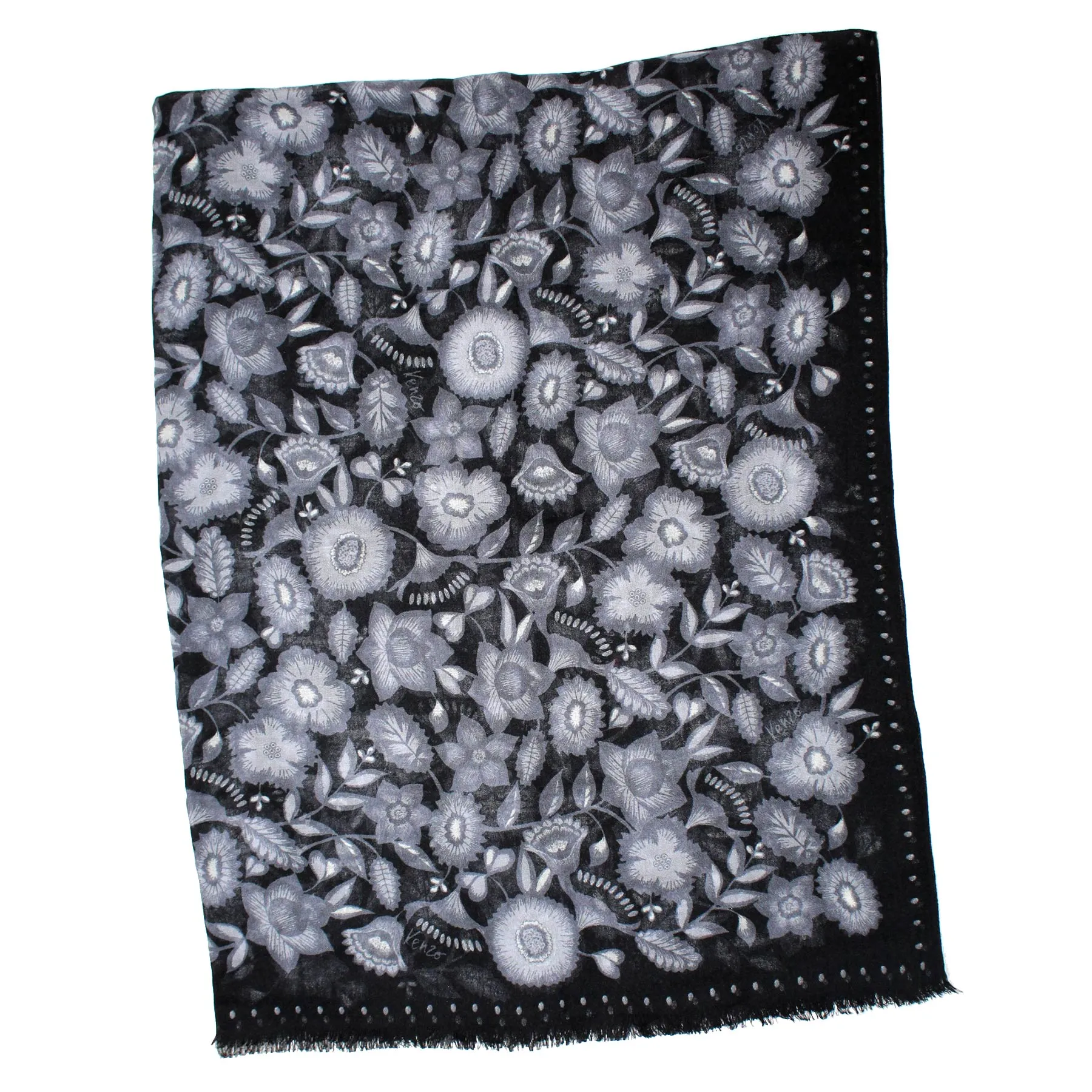 Kenzo Scarf Gray Black Floral - Extra Large Wool Silk Wrap