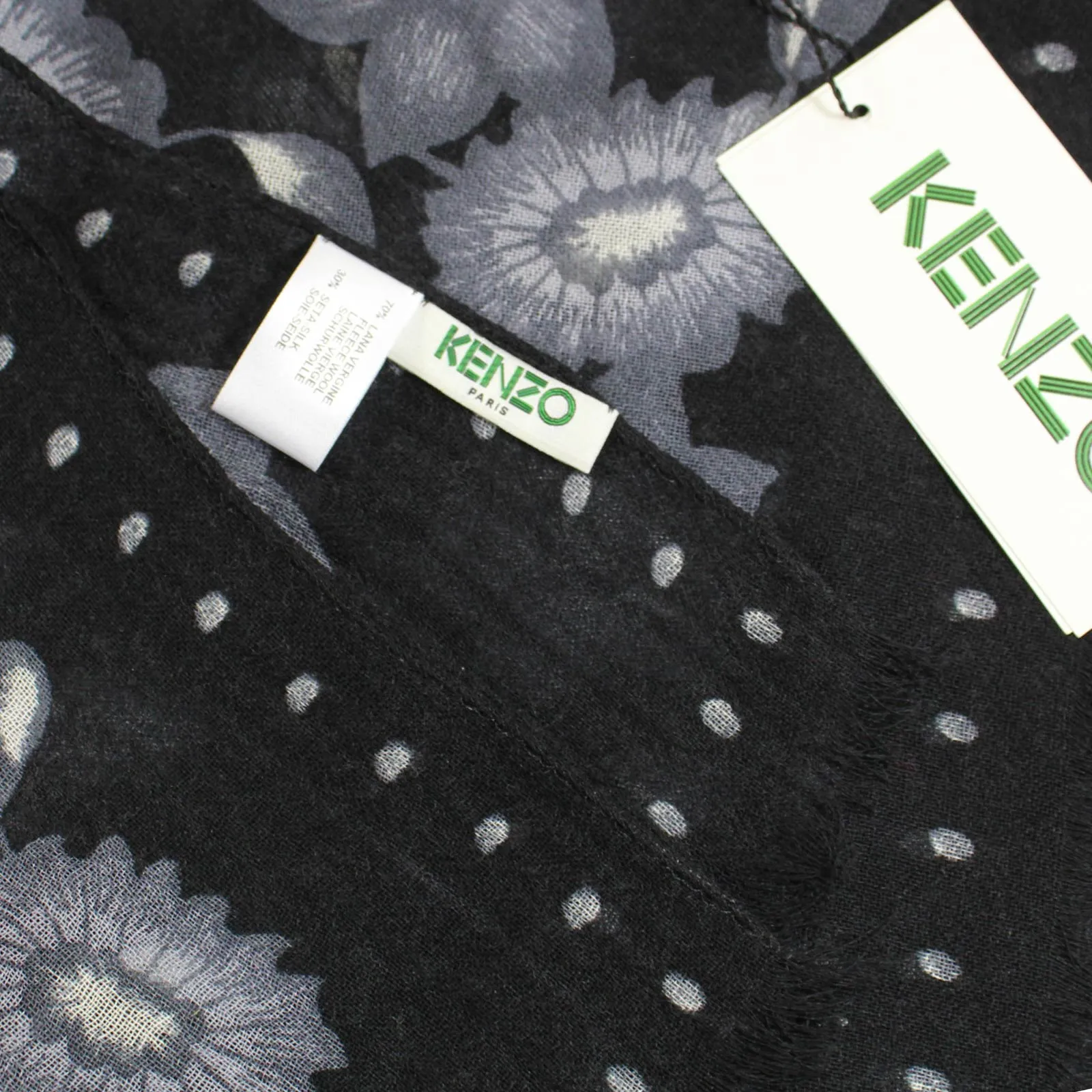 Kenzo Scarf Gray Black Floral - Extra Large Wool Silk Wrap