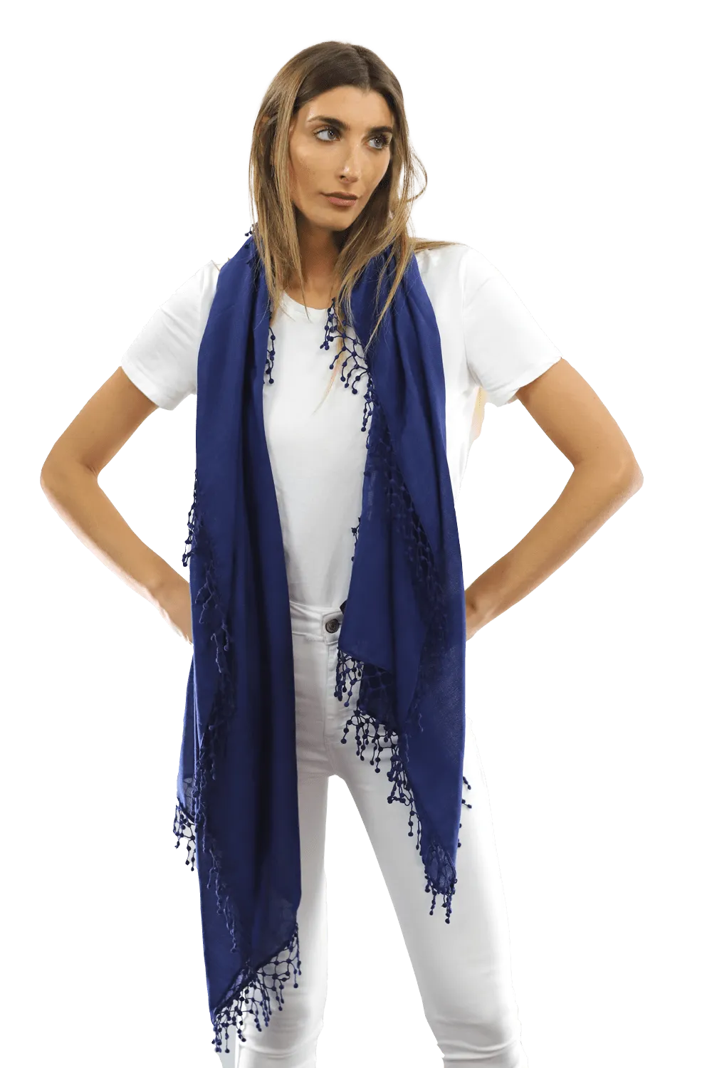 Lace Pom Pom Wool/Silk Scarf-Navy