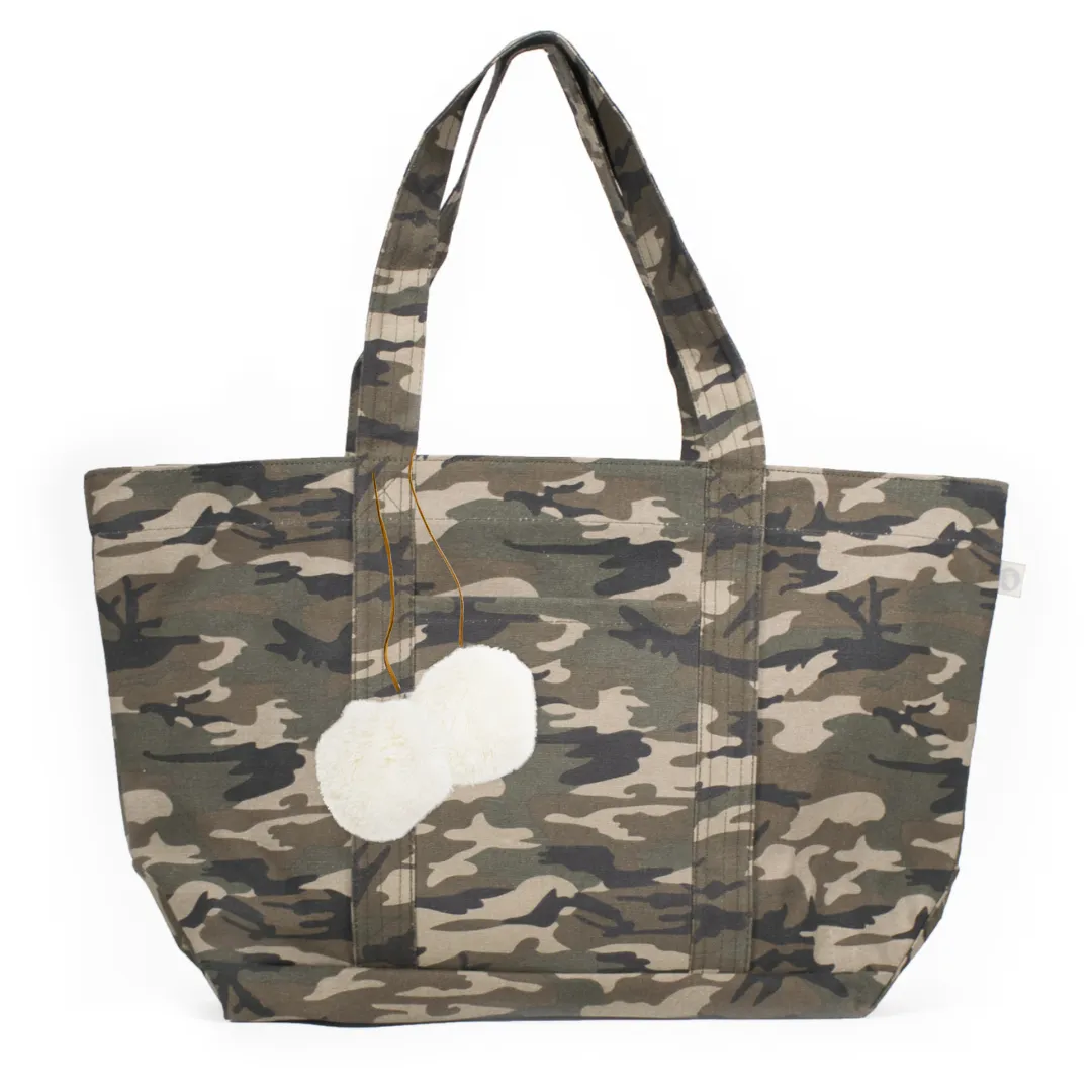 Large Zipper Tote Green Camo with Cream Pom Poms