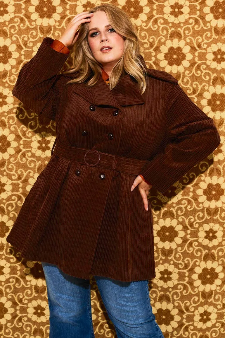 Layla Brown Striped Corduroy Double Breasted Coat