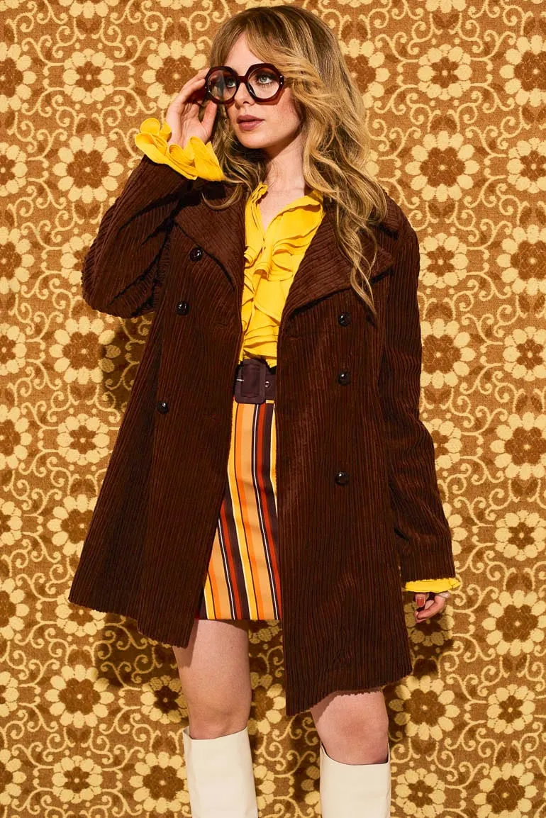 Layla Brown Striped Corduroy Double Breasted Coat