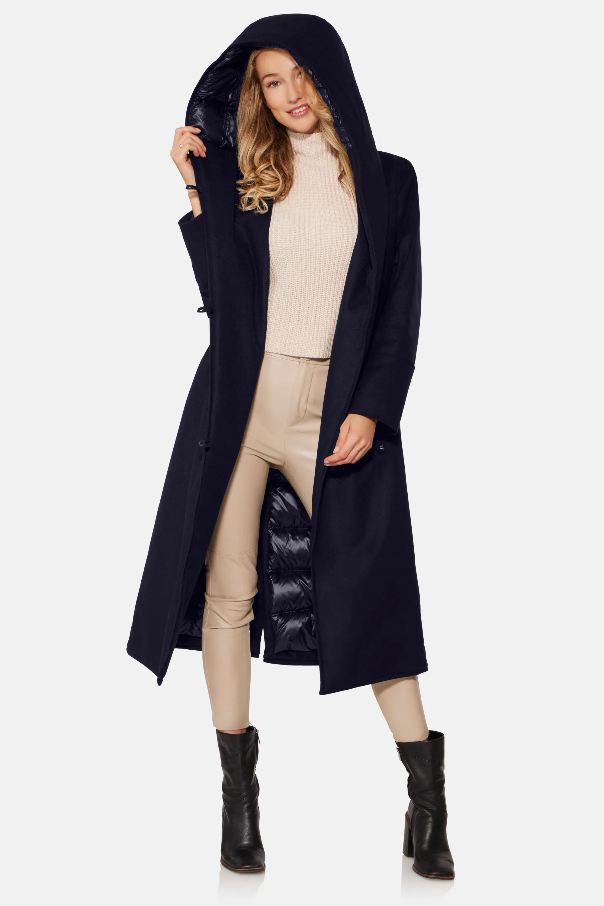 Long Hooded Wrap Coat, Navy