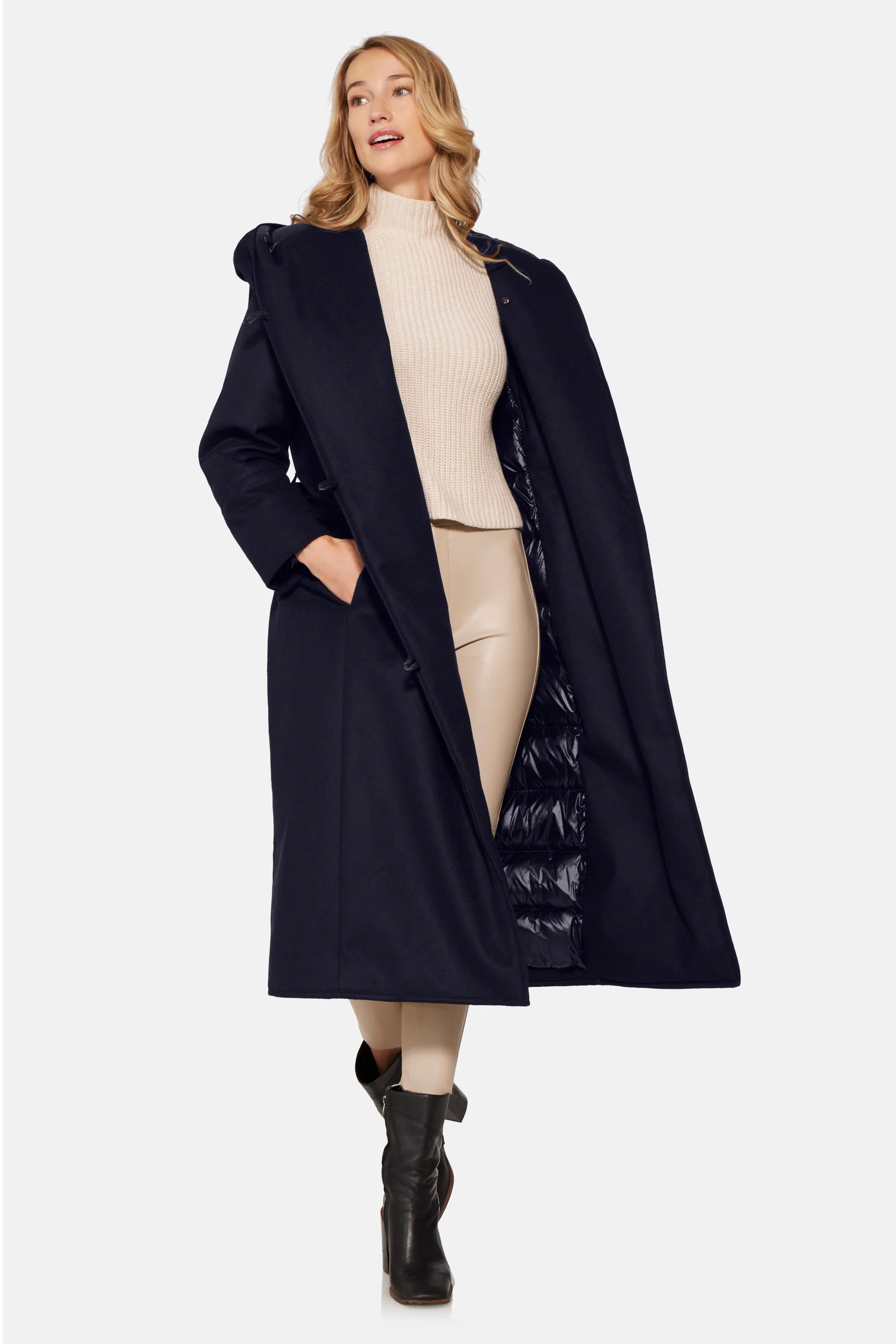 Long Hooded Wrap Coat, Navy