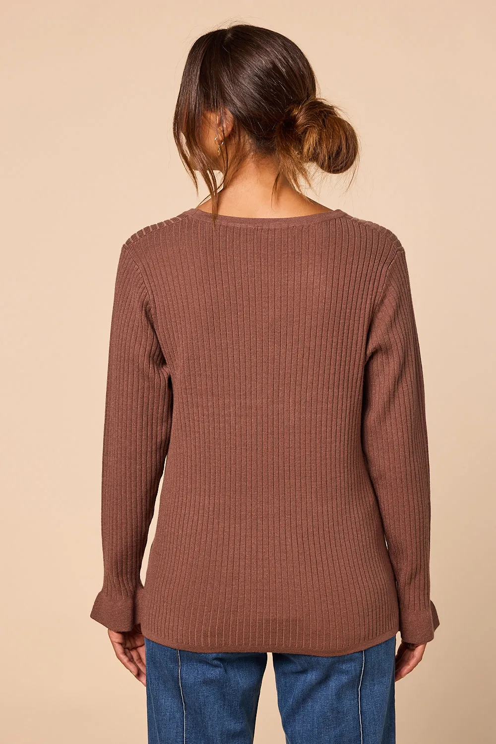 Long Sleeve Knitted Top in Cacao