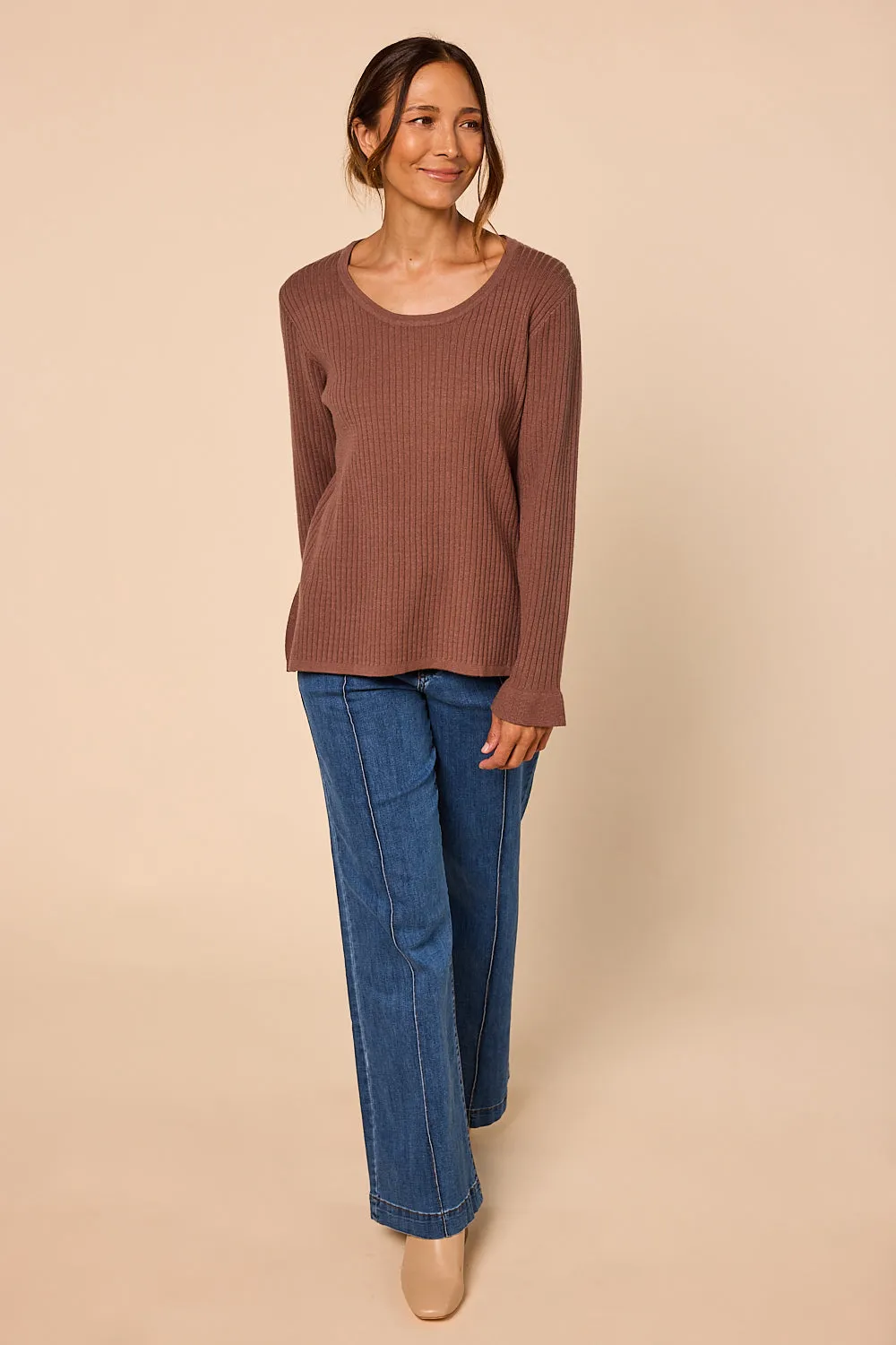 Long Sleeve Knitted Top in Cacao