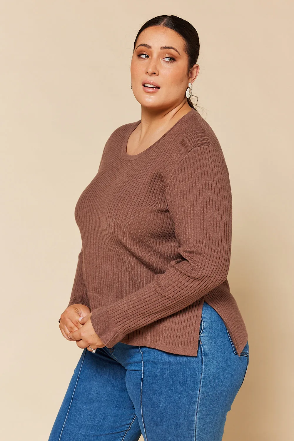 Long Sleeve Knitted Top in Cacao