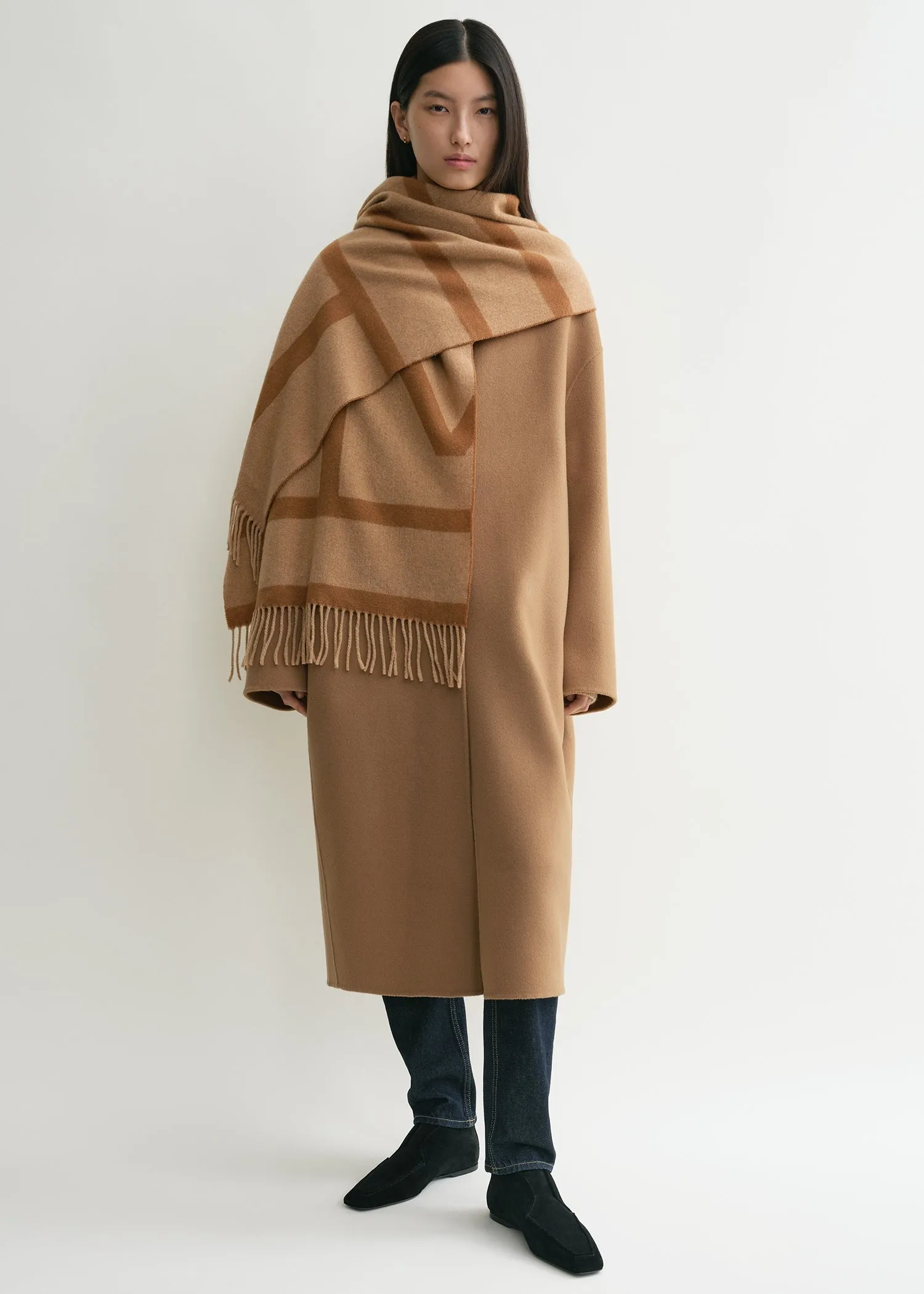 Monogram jacquard wool scarf camel