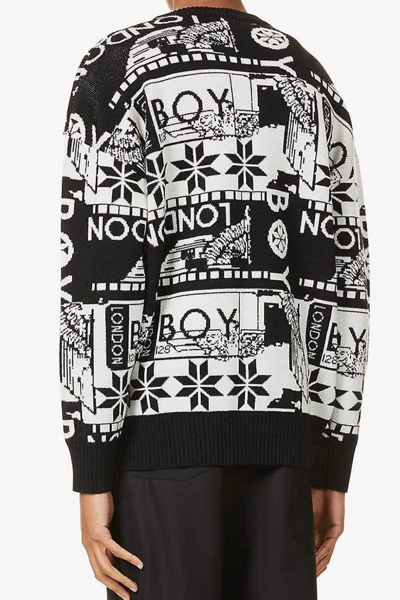 MOSAIC PRINT KNITTED CARDIGAN - BLACK