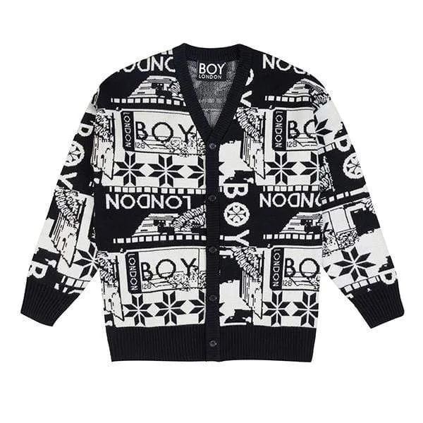 MOSAIC PRINT KNITTED CARDIGAN - BLACK